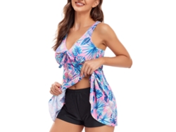 Traje de baño de dos piezas con control abdominal, estampado rosa y azul, talla M