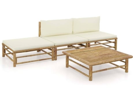 Conjunto 4 de muebles de jardín VIDAXL bambú y cojines blanco crema