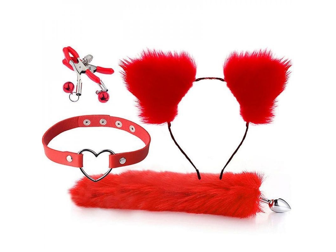 Dan26-conjunto De Juguetes Sexuales Cola De Zorro Para Role Play Con Tapón Anal Orejas Y Collar De Metal Rojo 1