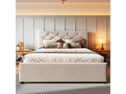 Cama Tapizada 140 X 200 Cm - Cama Con Somier De Láminas (sin Colchón) Y Cajón Con Ruedas - Beige