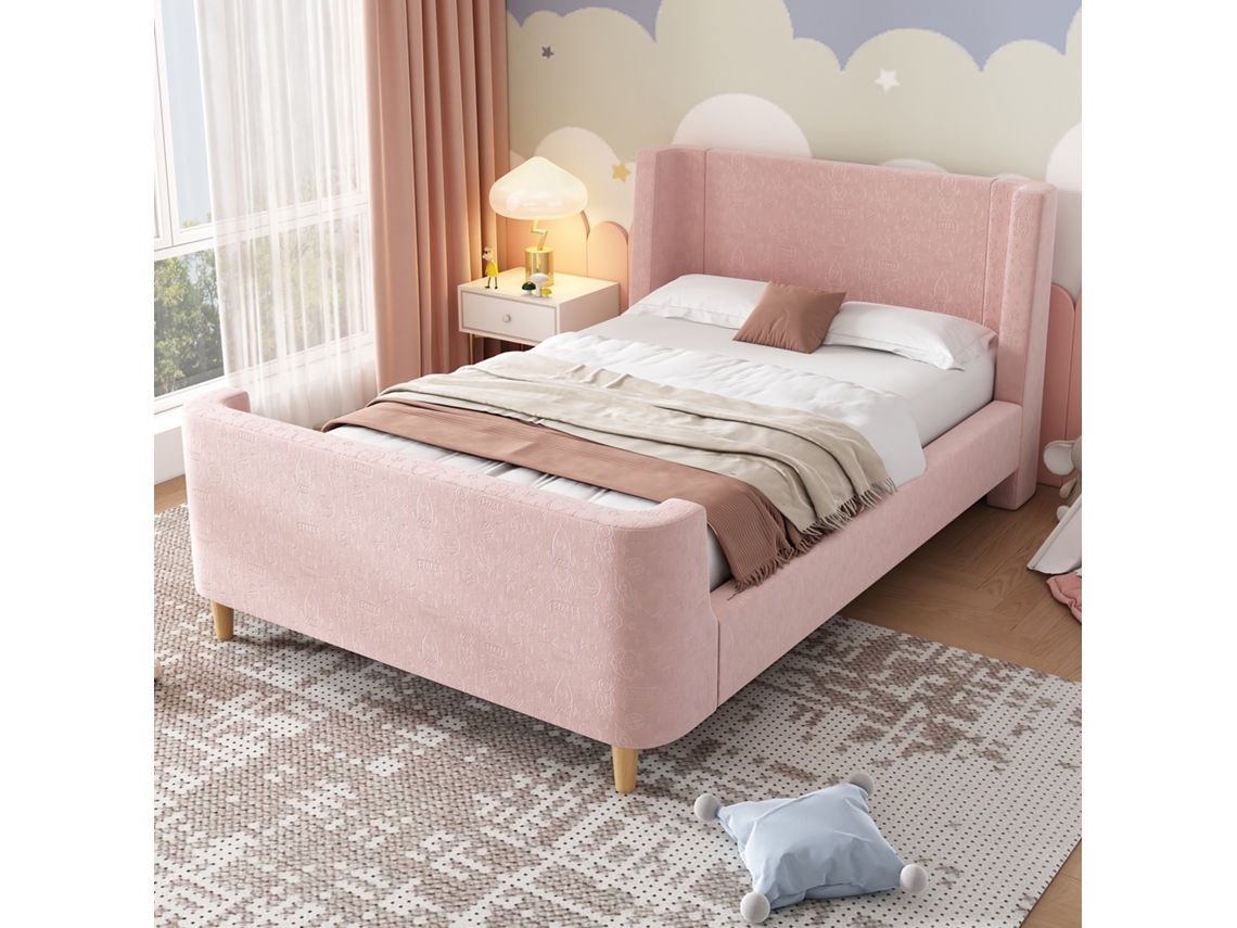Cama infantil individual tapizada ZIWEI STORE, estilo trineo, estampado cósmico, 90 x 200 cm, terciopelo rosa, colchón no incluido.