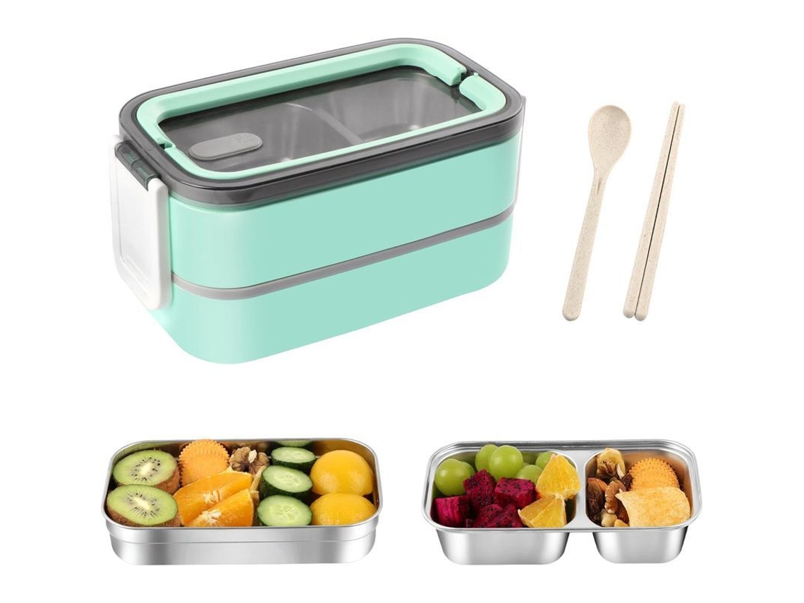 Fiambrera Bento De Acero Inoxidable 304, A Prueba De Fugas, 2 Niveles Con Cubiertos Para Adultos, Color Verde, 2 Litros.