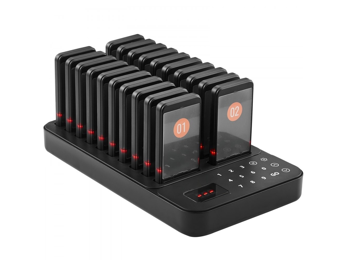 Sistema de espera para restaurantes con transmisor de pantalla táctil (998 canales) y 20 buscapersonas recargables.