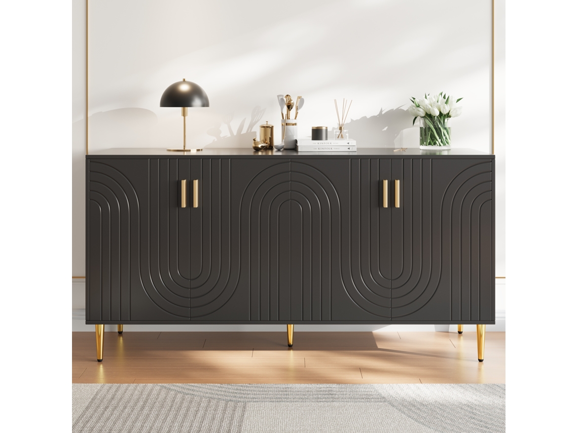 Aparador moderno de 4 puertas con diseño ondulado en MDF negro