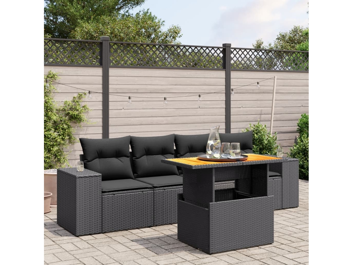 Conjunto de sofá de jardín de 5 piezas con cojines de mimbre sintético negro, Dkd Home Decor