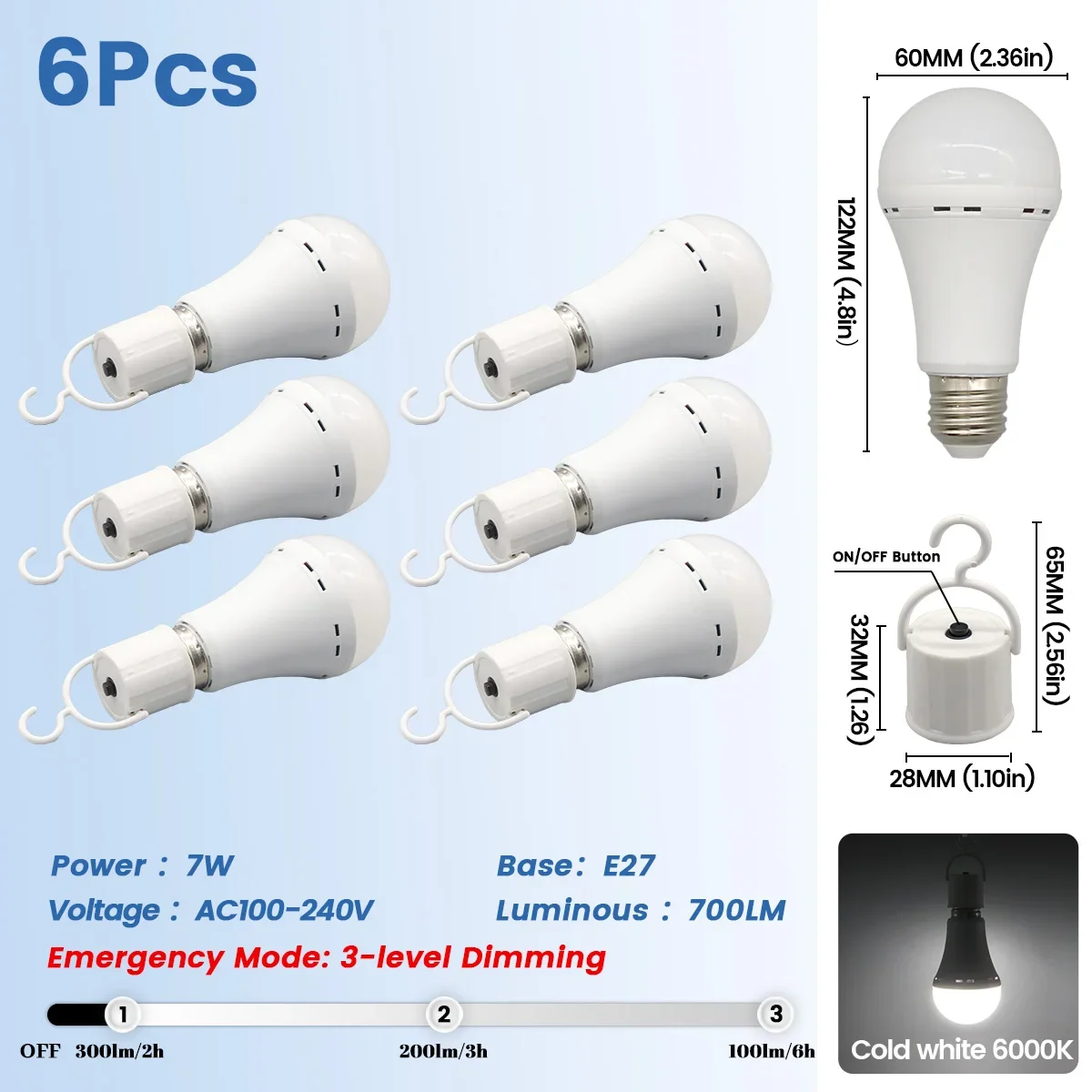 Bombillas Led Recargables (6 Bombillas, 7 Vatios), E27, 1500 Mah, Para Uso De Emergencia, Adecuadas Para Cortes De Luz Y Acampada Al Aire Libre.