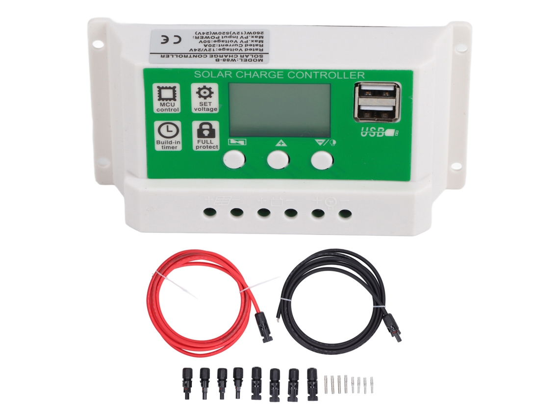 Controlador solar PWM de 20 A, 12 V/24 V con dos puertos USB para carga solar