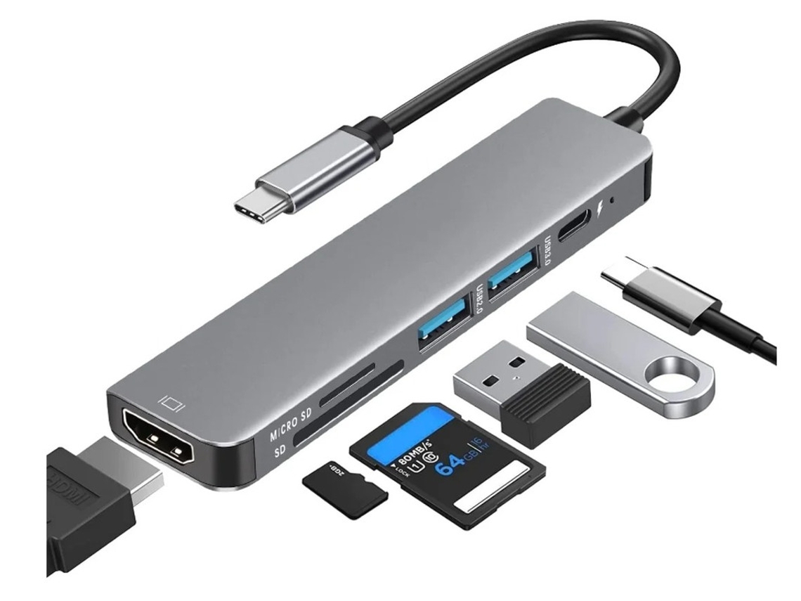 Adaptador multipuerto USB C 6 en 1 Hub USB C a HDMI con HDMI 4K 1 USB 3.0/1 USB 2.0 Gris YIZHOOD