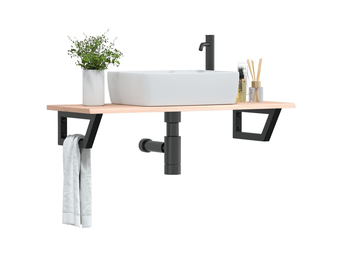Estante De Lavabo De Pared | Estante Flotante De Acero Y Madera Maciza De Roble