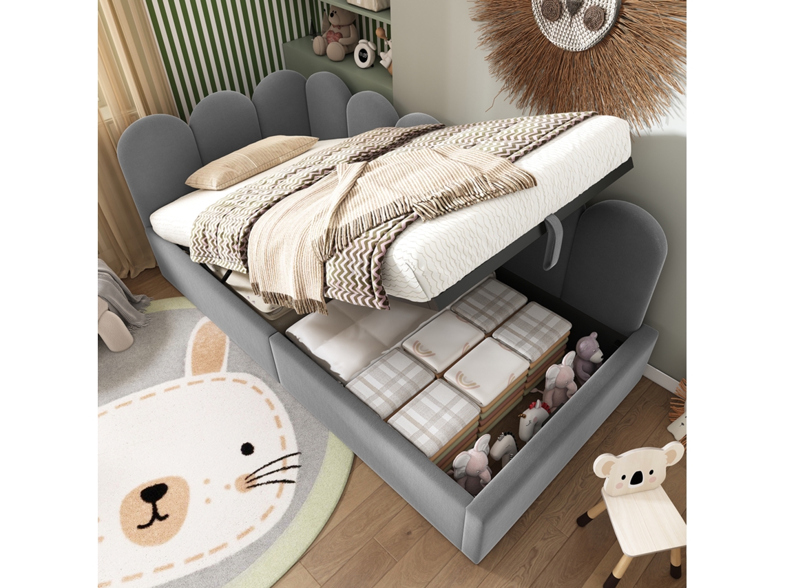Sofá Cama Infantil De Terciopelo Gris, 90x200 Cm, Con Cama Nido Y Compartimento De Almacenamiento Hidráulico. Colchón No Incluido.