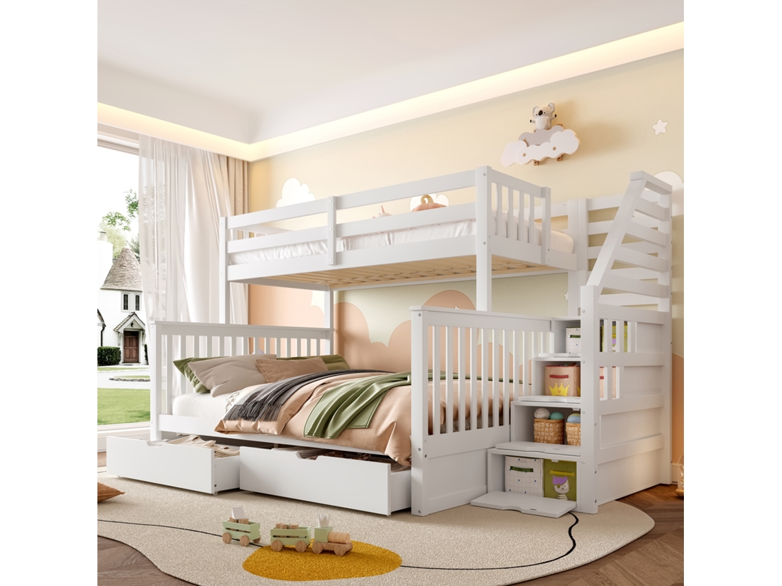 Litera Multifuncional De 90x140 Cm Con Cajones, Color Blanco.