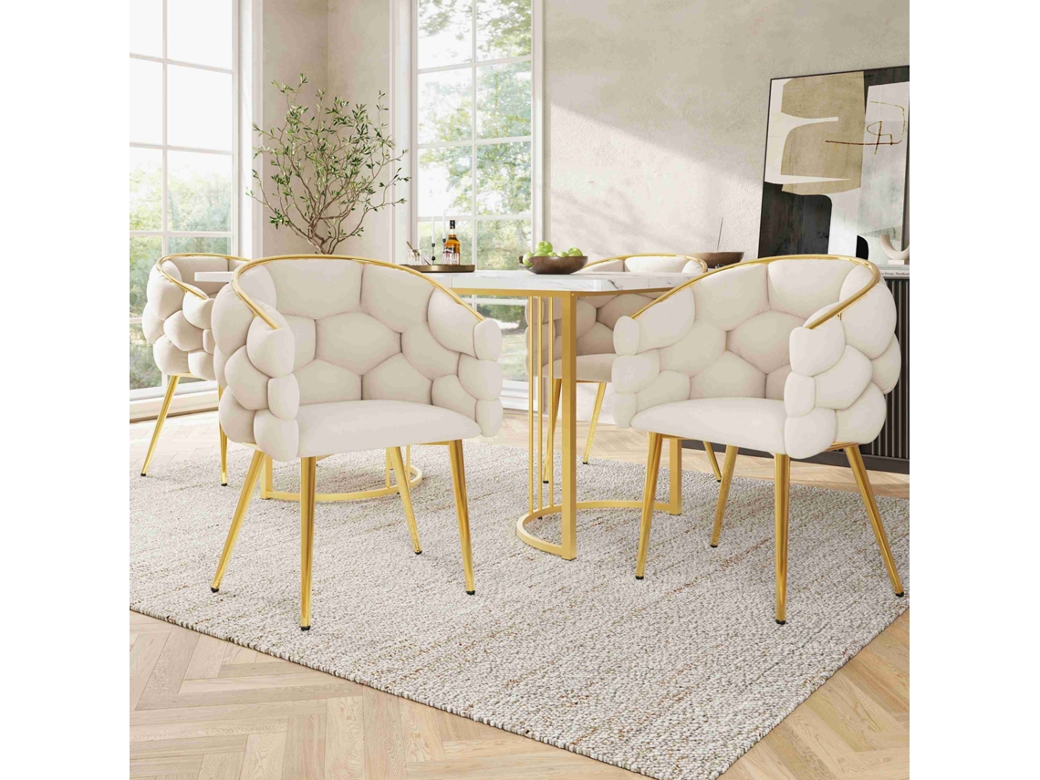 Juego de mesa de comedor moderna de 140 x 80 cm con 4 sillas y patas de metal dorado, estilo mármol.