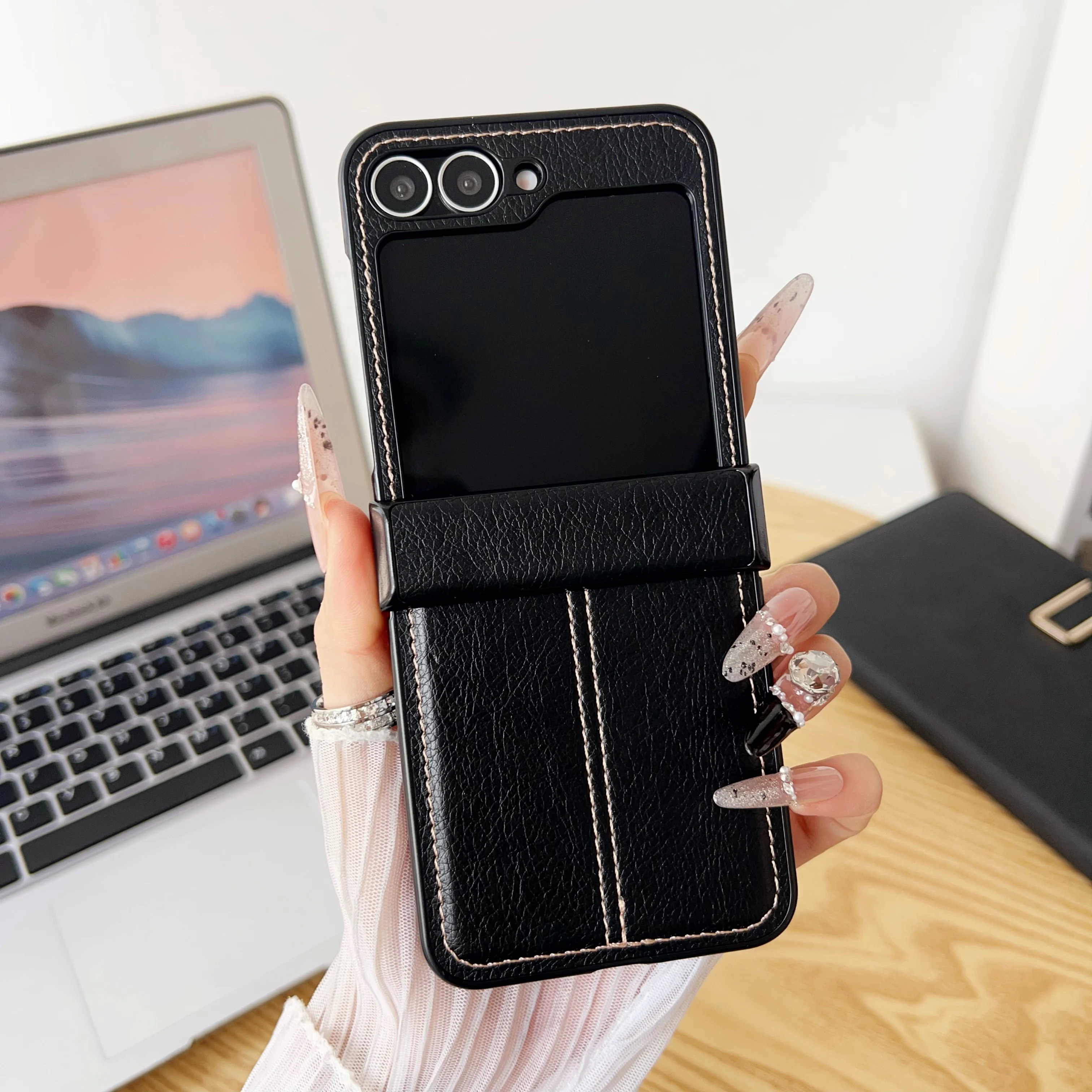 (negro, Galaxy Z Flip4) Funda Tipo Libro De Estilo Retro Para Negocios Con Textura De Cuero, Material Pu Resistente A Caídas.