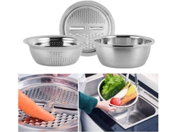 Bol para mezclar 3 en 1 con colador y cortador de verduras de acero inoxidable. Ideal para ensaladas, verduras y frutas.