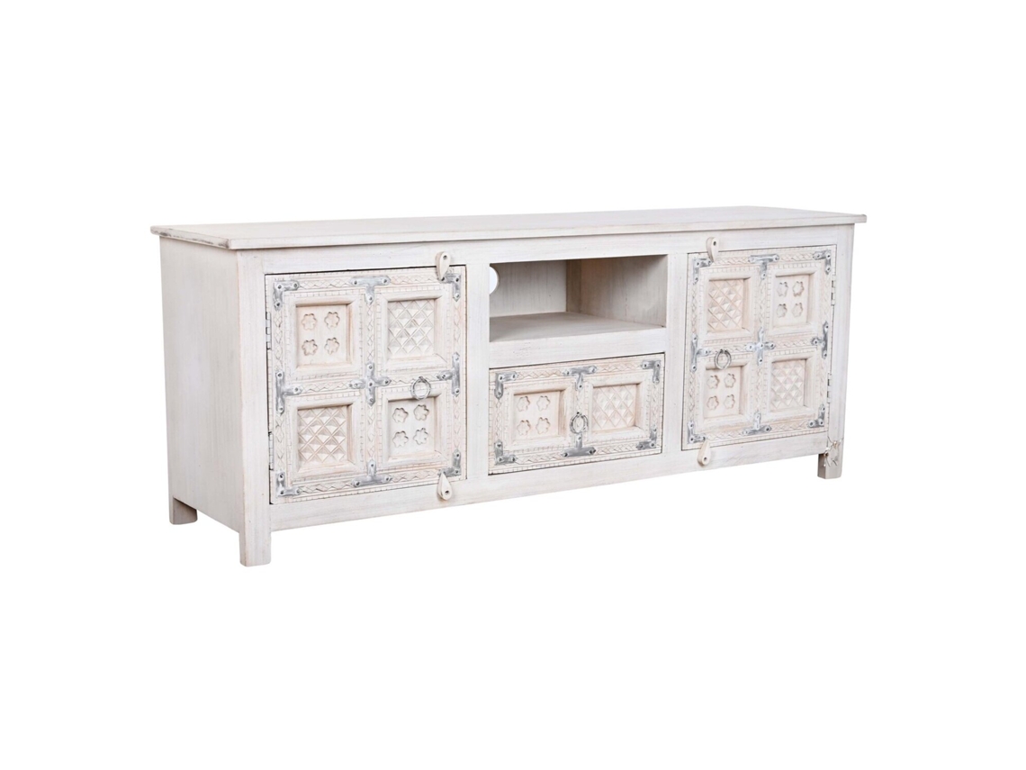 Mueble Tv Mango Madera Envejecido Blanco 151x40x60cm
