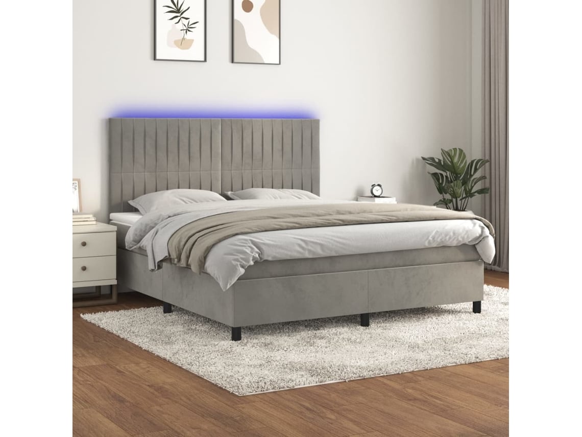 Cama Box Spring Colchón Y Led Terciopelo Gris Claro 180x200 Cm