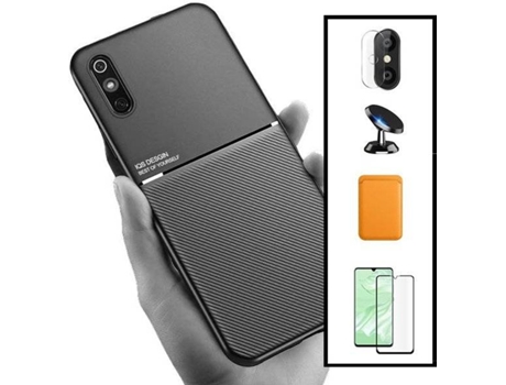 Kit Funda Magnetic Lux, Magnetic Wallet Naranja, 5D Full Cover, Protector de Cámara Trasera y Soporte Magnético de Coche Xiaomi Redmi 9A Sport PHON...