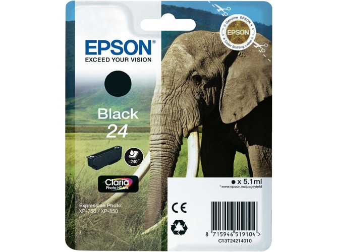 Cartucho de tinta original EPSON, Tinta Claria Photo , 24, Elefante 5,1 ml , Negro, C13T24214012, T2421