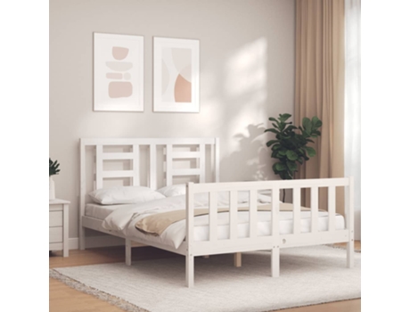 VIDAXL Cama doble blanca de madera maciza con cabecero (Madera - 135 x 190 cm)