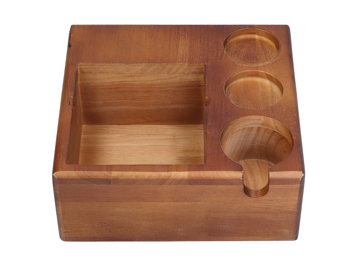 Portafiltros y prensador de madera antideslizante, color marrón, para cafeteras domésticas.
