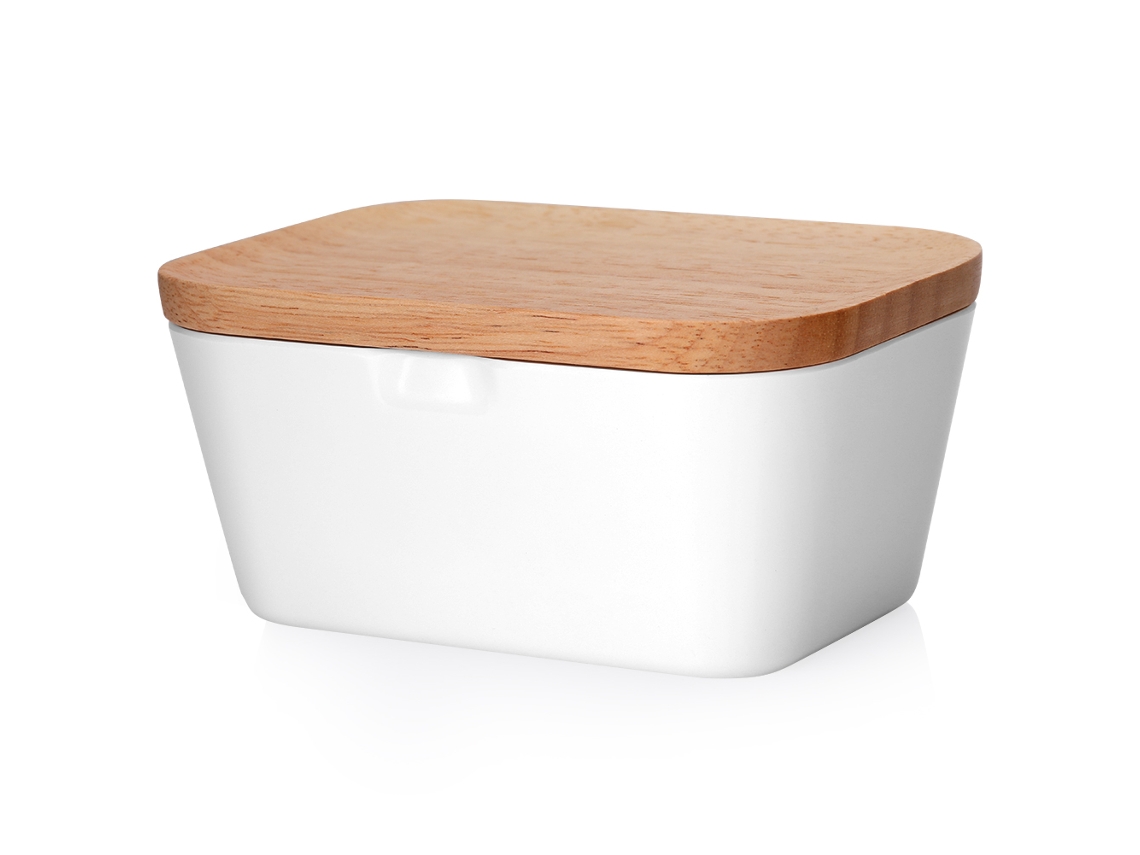 Recipiente Para Mantequilla Con Tapa De Madera Sellada Para Almacenamiento, 250 G, Melamina Blanca.