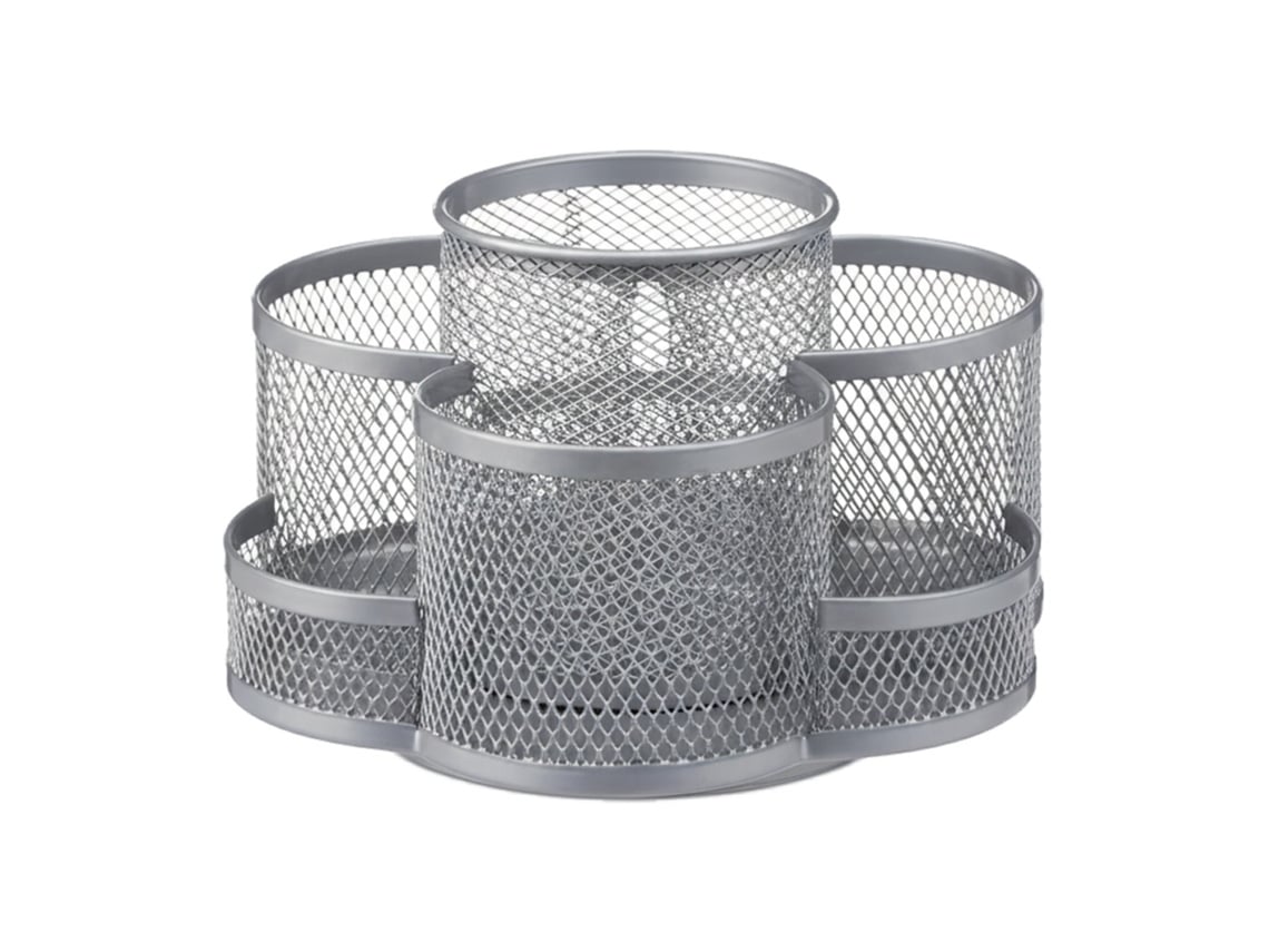 Porta-canetas Relaxdays, Malha Metálica, 7 Compartimentos, Rotativo, Compacto, Para Escritório, Prateado