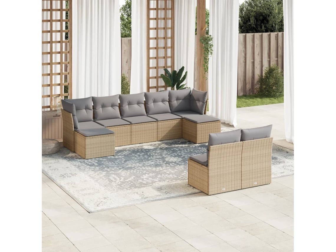 Conjunto de sofá de jardín de 9 piezas con cojines, mimbre sintético beige, Dkd Home Decor
