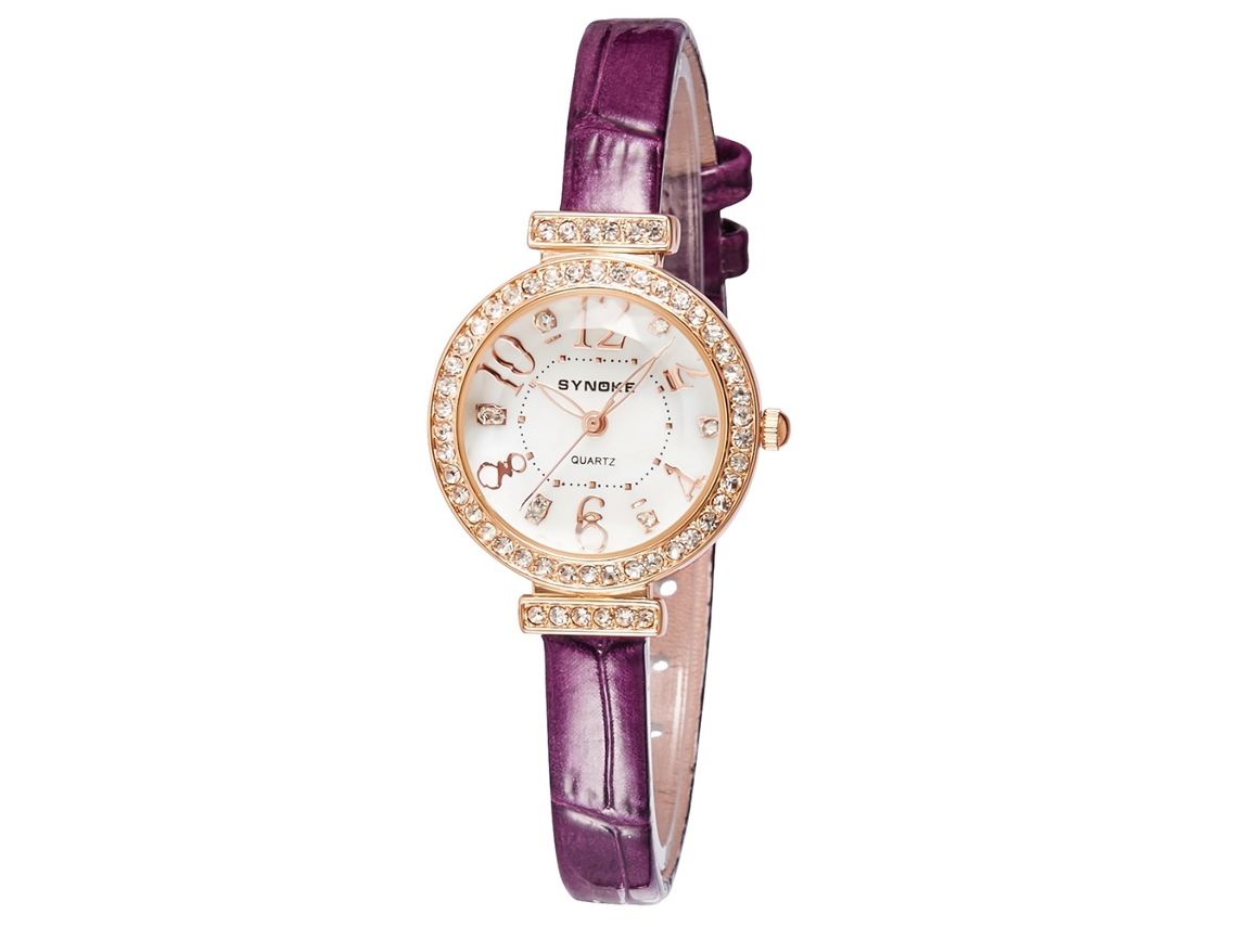 Reloj De Pulsera Para Mujer Con Diamantes De Imitación, Resistente Al Agua Hasta 30 M, Correa De Piel Sintética Morada.