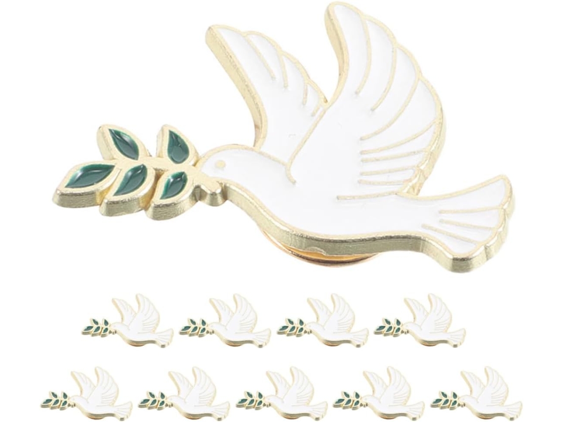Conjunto De 10 Elegantes Broches Para Mujer En Aleación De Zinc, Con Un Pájaro Blanco Que Simboliza La Paz Y Una Rama.