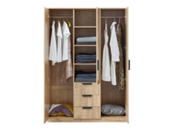 Armario Ropero Eiselfing (3 puertas 2 percheros 4 compartimentos 3 cajones) MDF 176 x 120 x 52 cm Efecto roble [EN.CASA]