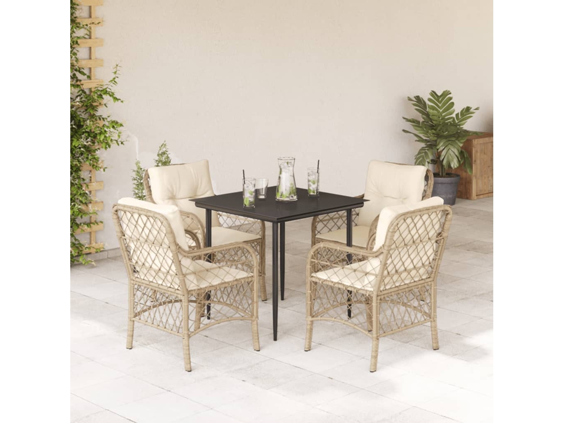 Juego de comedor de jardín de 5 piezas con cojines, mimbre sintético beige, Dkd Home Decor