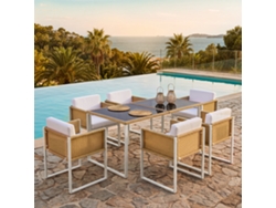 Conjunto De Comedor De Jardín De Polirratán Para 6 Personas - Sillas Con Cojines Desmontables Y Fundas Lavables - Marrón Y Blanco