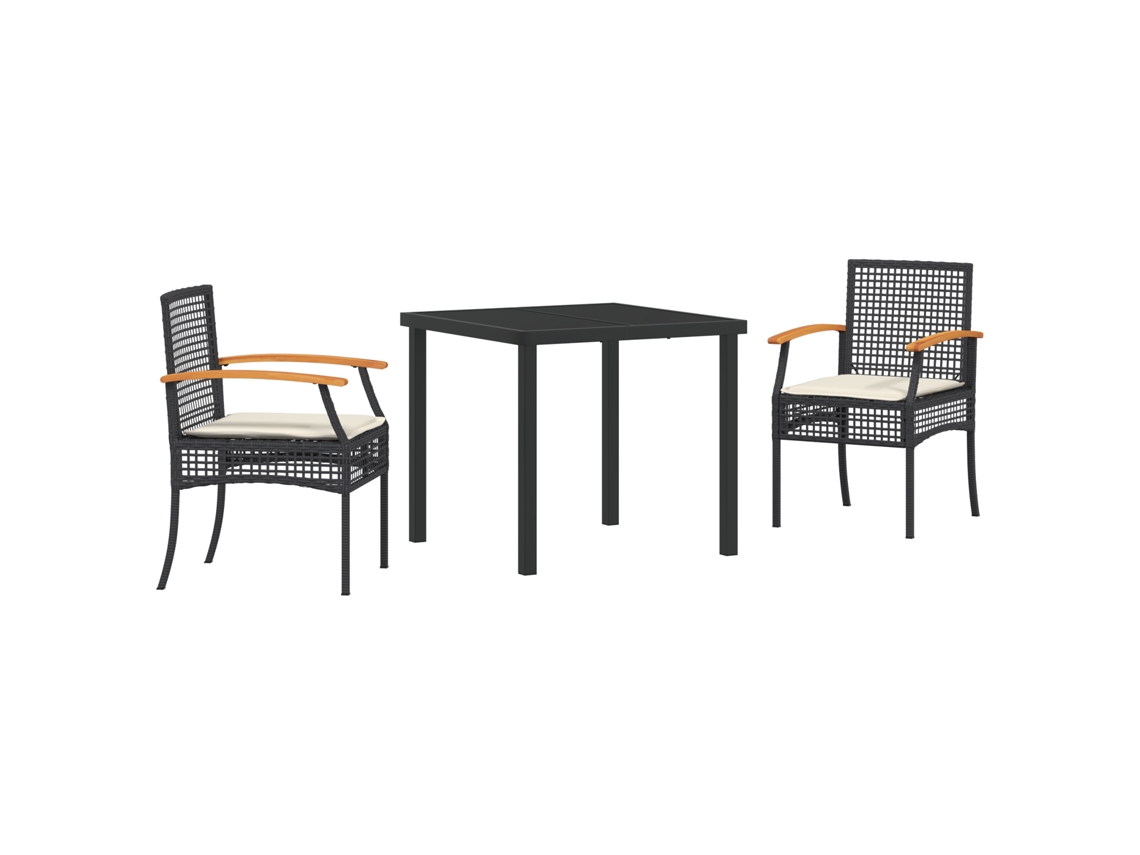 Conjunto de comedor de jardín Vidaxl de 3 piezas con cojines de ratán y poliéster negro