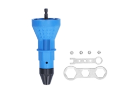 Adaptador ergonómico para taladro de tuercas remachables con llaves hexagonales y puntas.