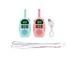 Radio inalámbrica infantil azul y rosa con alcance de 3 km y juguete interactivo.