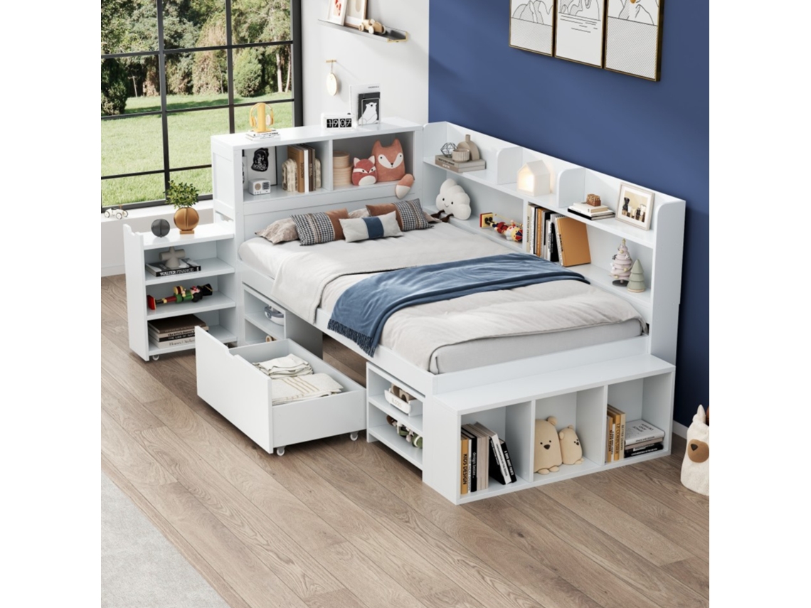 Cama Infantil 90x190cm Con Cajones Y Estantes, Cama Individual Multifuncional Con Almacenaje, Somier De Láminas, Blanco