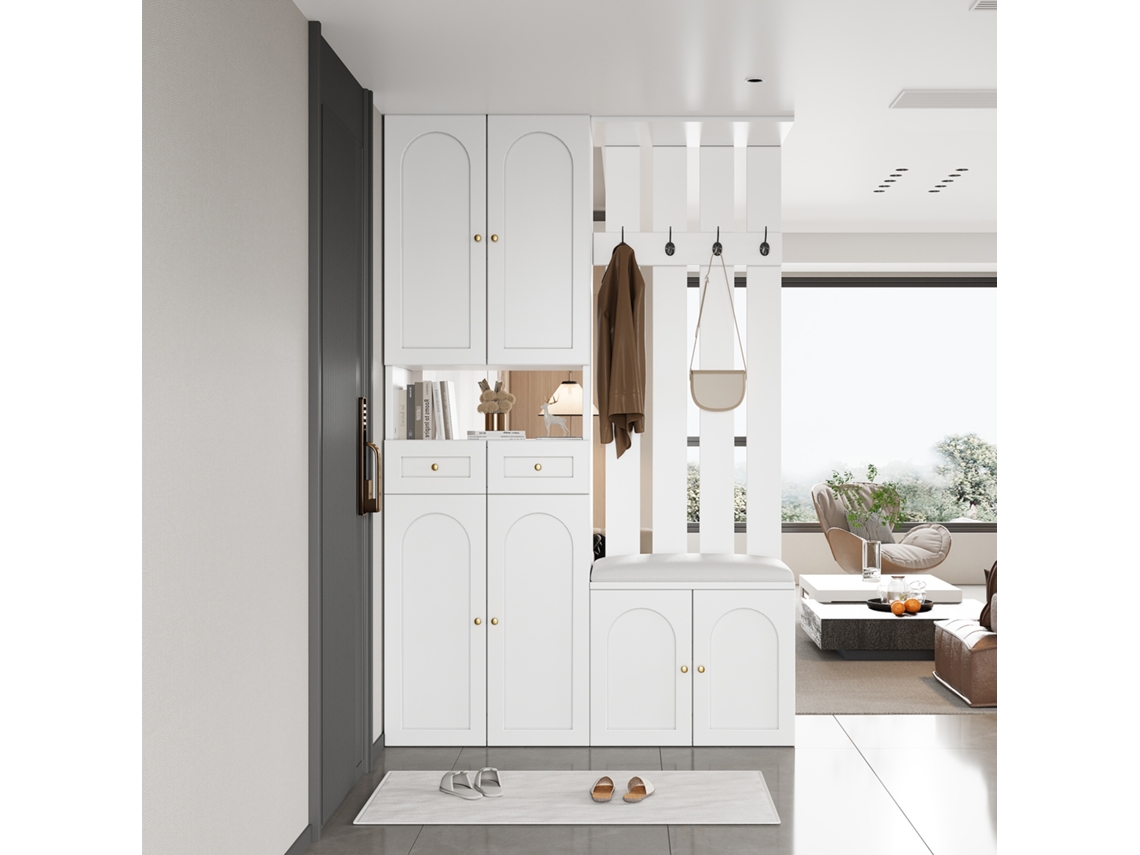 Conjunto De Muebles Para Pasillo 110x180x37 Cm - Con Zapatero, Banco Y 4 Ganchos - Blanco