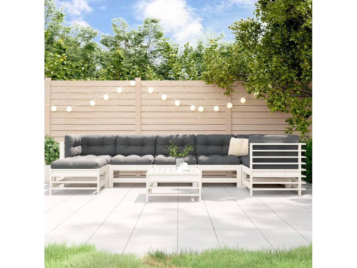 Conjunto de jardín de 8 piezas con cojines, madera maciza, blanco, DKD Home Decor