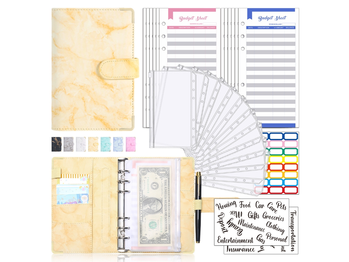 Cuaderno Siurn A6 de hojas sueltas de cuero sintético con sobres para presupuestos de efectivo, color amarillo