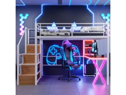 Cama alta de 140 x 200 cm con LED, escritorio, armario, escalera de almacenaje, estilo blanco