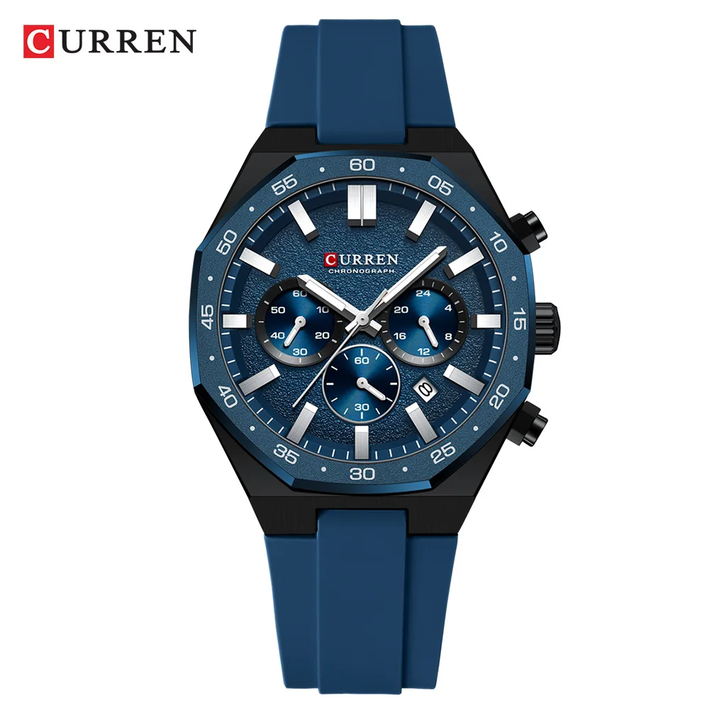 Reloj deportivo resistente al agua con correa de silicona y función cronógrafo.
