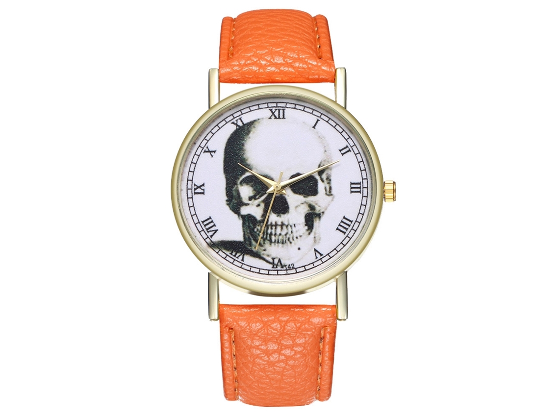 Reloj De Muñeca Casual Con Calavera Y Números Romanos Correa De Cuero Pu Naranja