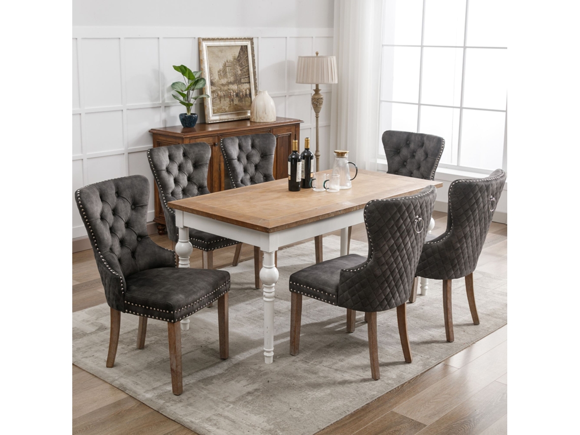 Juego de 6 sillas de terciopelo con patas de madera maciza, estilo gris