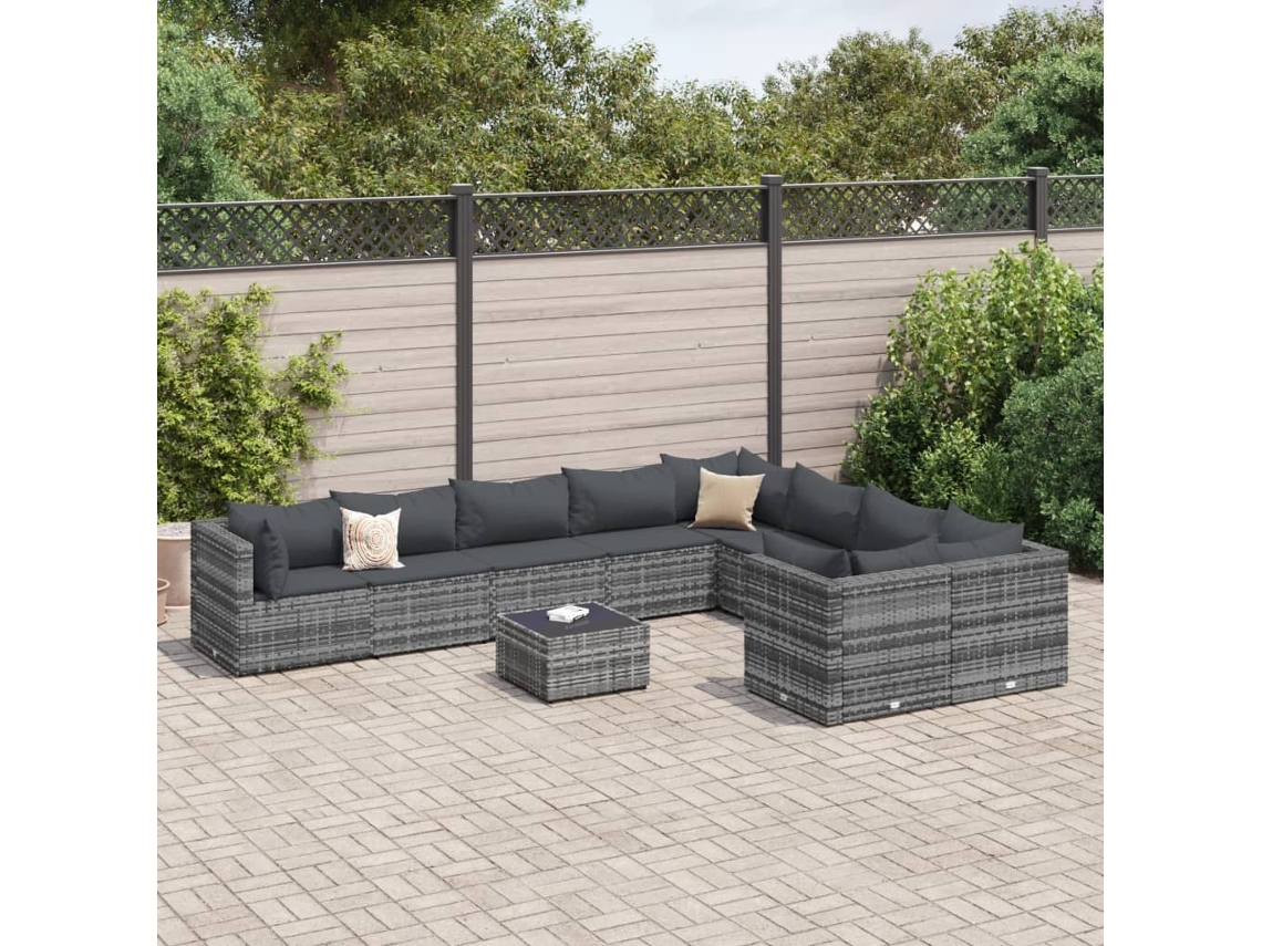 Conjunto de sofá de jardín de 10 piezas con cojines, ratán gris, DKD Home Decor