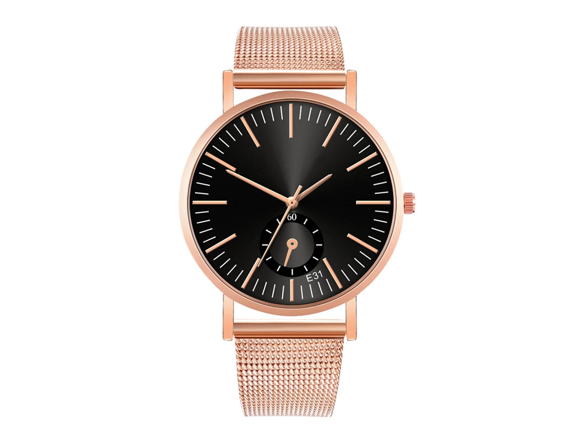 Reloj De Pulsera Informal Para Parejas Con Correa De Malla, Movimiento De Cuarzo, Acabado En Negro Y Oro Rosa.