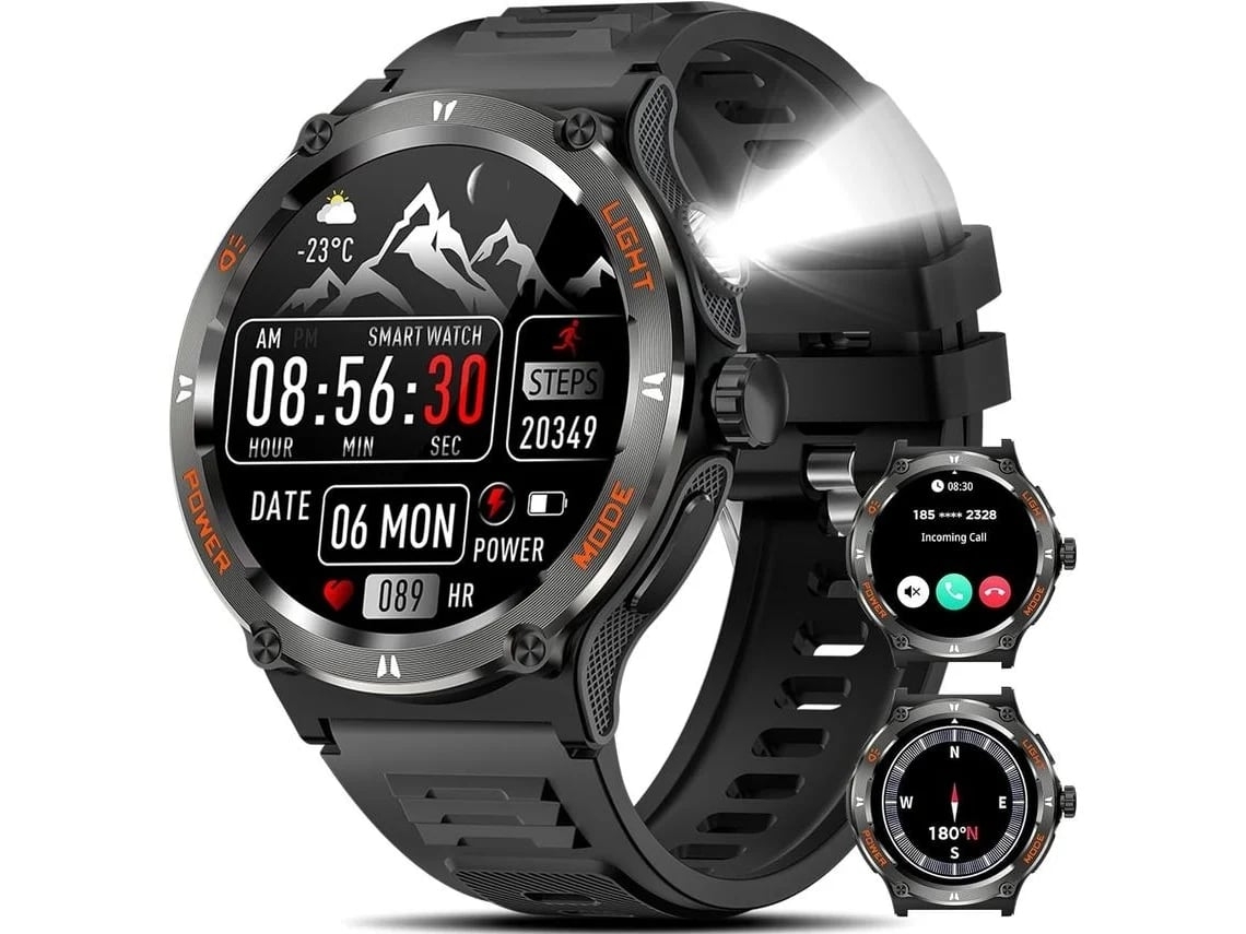 Reloj inteligente resistente para hombre de 1,53 pulgadas con luz LED brillante, 3 modos de linterna, 500 mAh, resistente al agua, color negro Chennnls