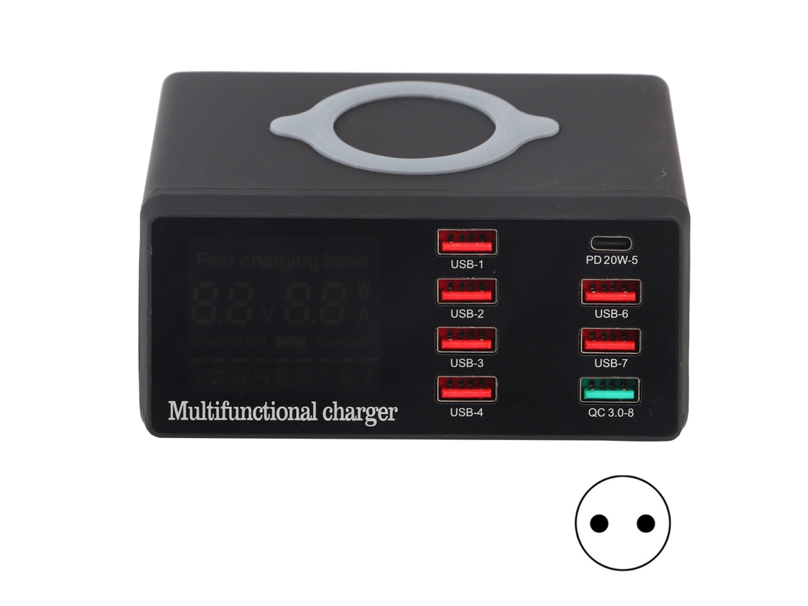 Cargador Inalámbrico De 10 W Y 8 Puertos Qc3.0 Pd, Carga Rápida Usb De 100 W Con Pantalla Para Teléfonos Móviles Y Enchufe Europeo.