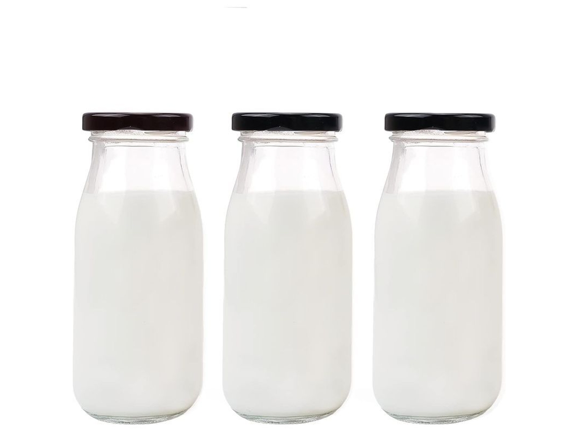 3pcs Garrafas de Vidro 250ml com Tampa Preta Bonita para Leite Decoração e Armazenamento