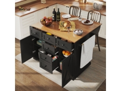 Isla De Cocina De Madera Con Aparador De Almacenamiento Y Módulo Móvil Negro.