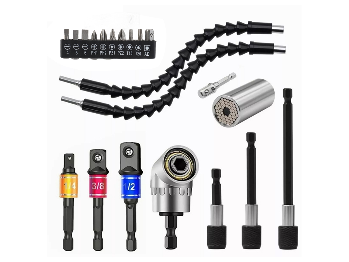 Juego De 21 Piezas De Extensiones Flexibles Para Brocas Con Ángulo De 105°, Adaptador De Enchufe Universal Para Brocas De 1/2", 3/8" Y 1/4".